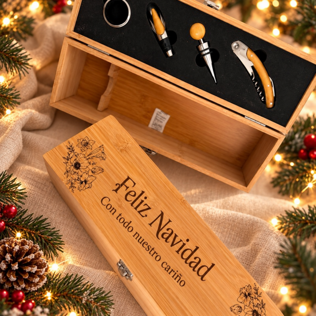 Caja de bambú personalizada con accesorios de vino y grabado Feliz Navidad