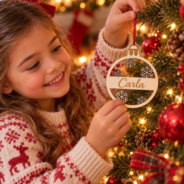 Niña colocando una bola de Navidad personalizada con el nombre Carla y copos de nieve.