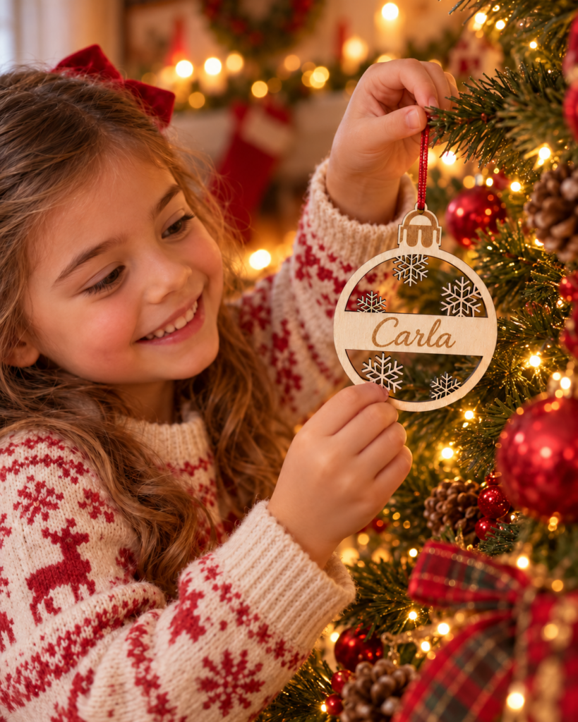 Bola de madera personalizada con el nombre Carla en un árbol de Navidad
