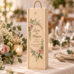 Caja de vino de boda personalizada con nombres y fecha