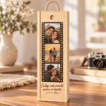 Caja de vino personalizada con tres fotos estilo carrete