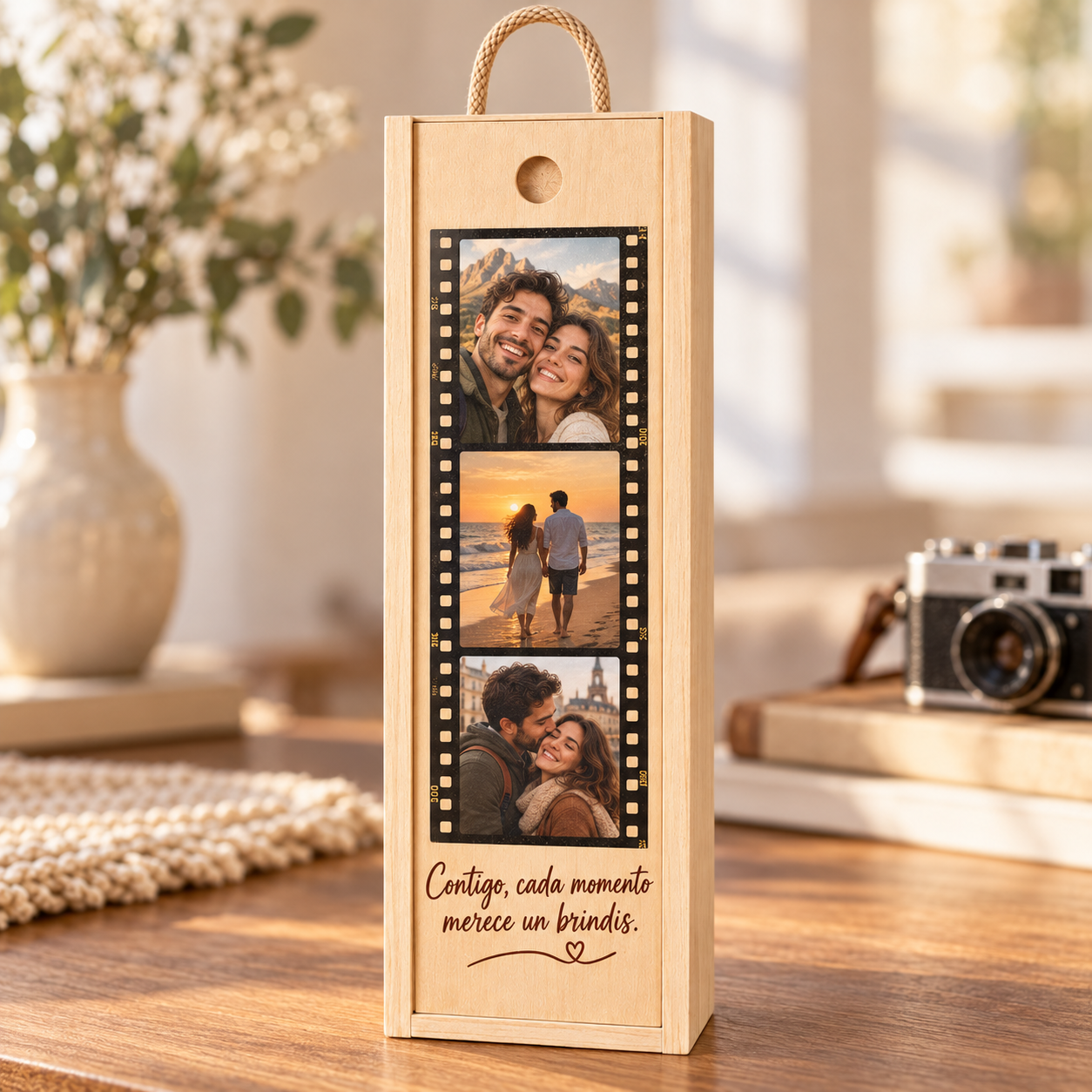 Caja de vino personalizada con tres fotos estilo carrete Caja de vino personalizada con tres fotos estilo carrete
