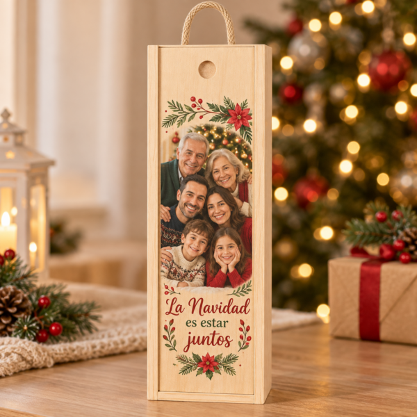 Caja de vino de Navidad con foto familiar
