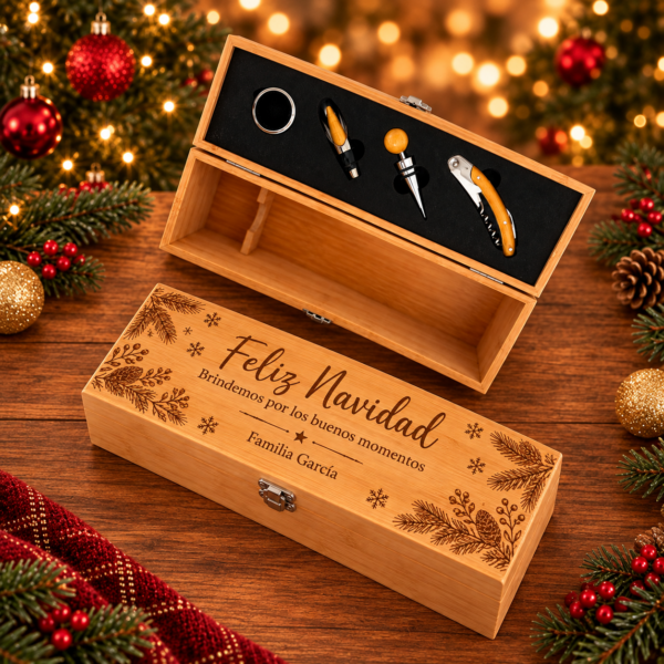 Caja de vino de bambú con grabado Feliz Navidad y cuatro accesorios, presentada abierta y cerrada.