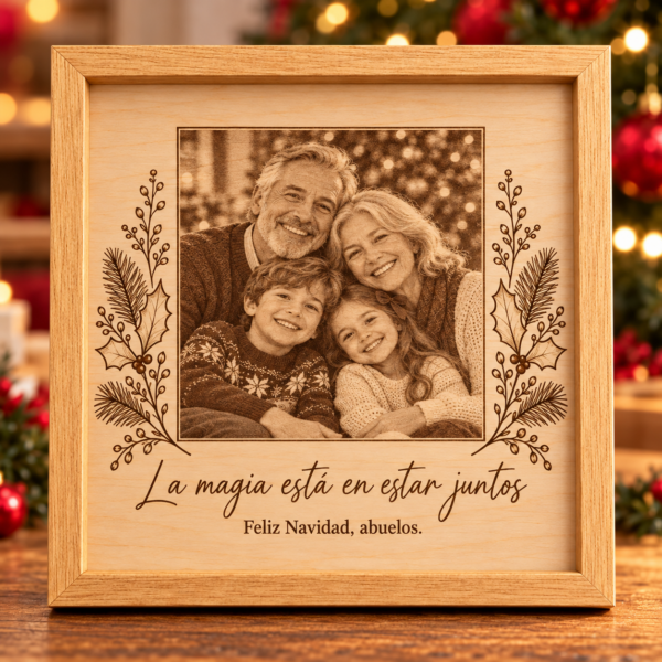 Cuadro de madera con retrato familiar y dedicatoria grabados, centrado en un escenario navideño.
