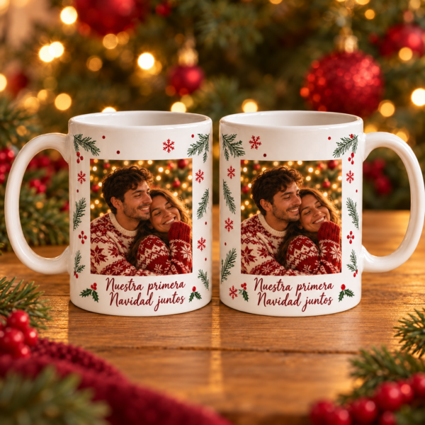 Dos tazas blancas con una foto de pareja, acebo y el texto Nuestra primera Navidad juntos.