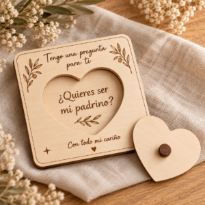 Regalo de bautizo de madera con la pregunta ¿Quieres ser mi padrino?