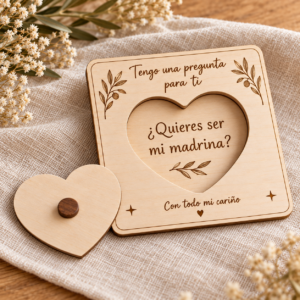 Regalo de bautizo de madera con la pregunta ¿Quieres ser mi madrina?