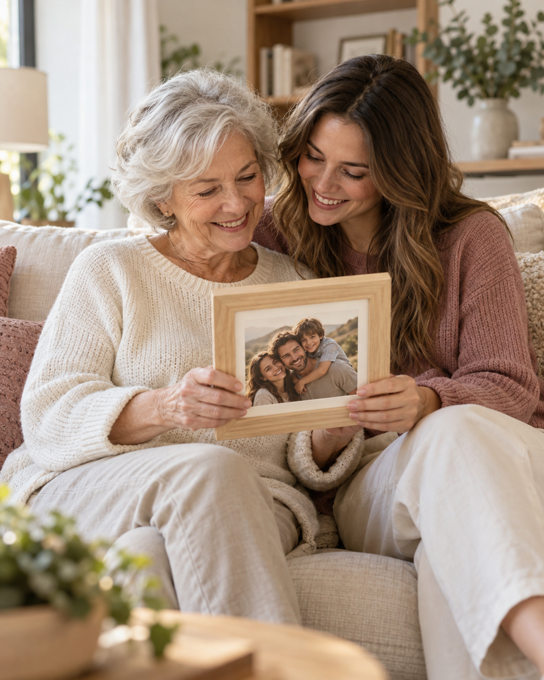 Una madre y una hija compartiendo un recuerdo familiar enmarcado