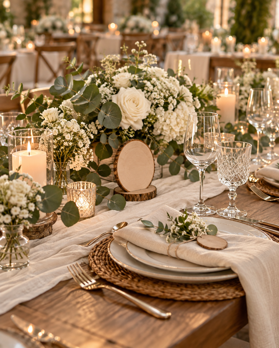 Decoración de una mesa de boda con flores y detalles de madera